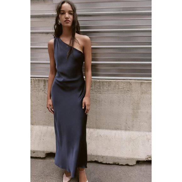 ZARA ASYMMETRIC SATIN EFFECT MIDI DRESS - Picture 3 of 8